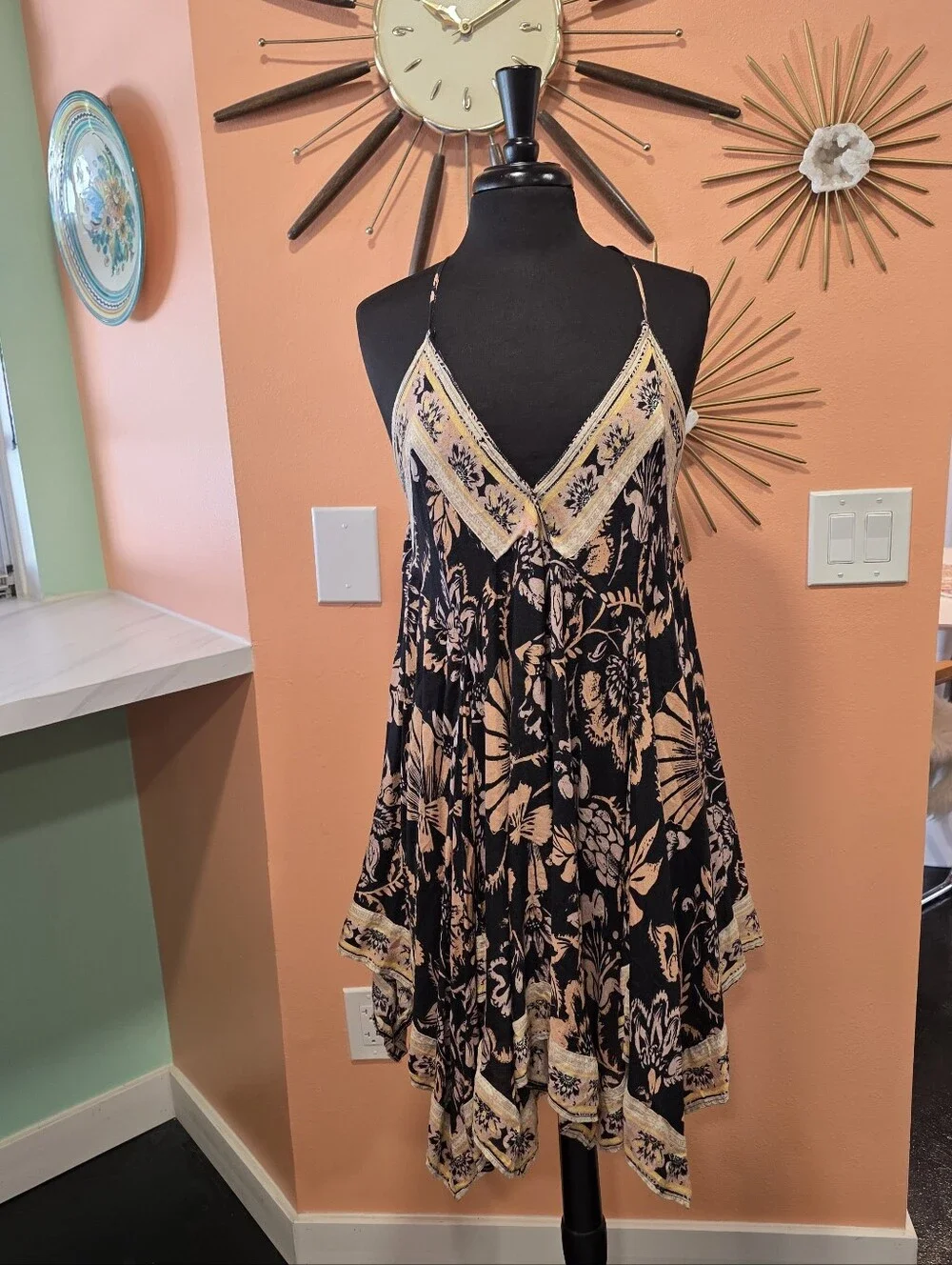 Free People Bali Seashell Scarf Print Dress Black and Blush Floral Mini Dress